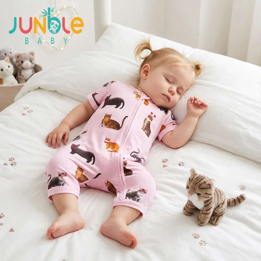 Junblebaby Pink Cat Print Baby Romper, Bamboo Fiber Short Sleeve Two-Way Zipper Onesie, Baby bamboo zipper romper,baby summer clothes,Breathable Summer Sleep Play Outfit for Baby Girls 0-3Y