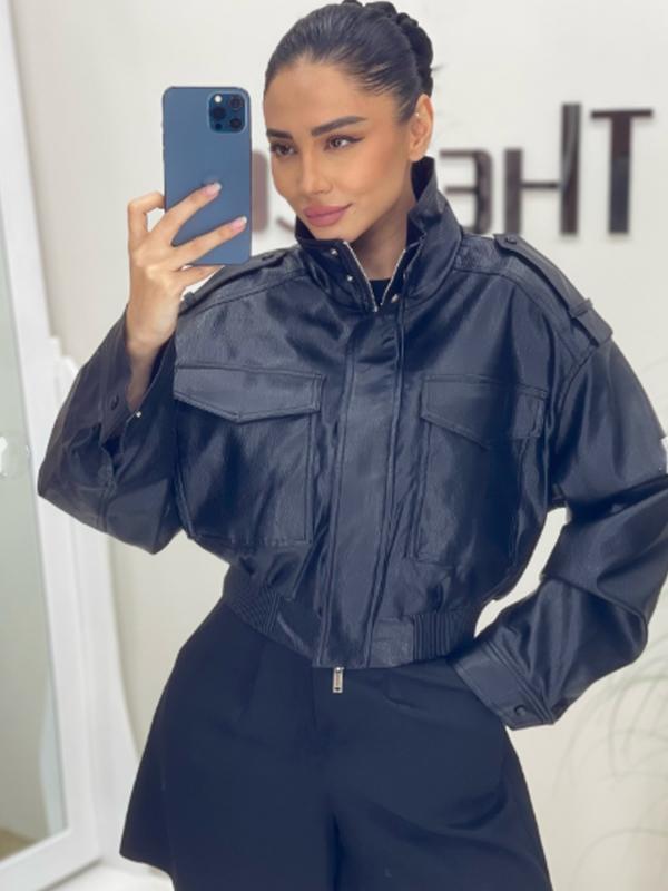 Women's Cropped Bomber Jacket Demi-Season Faux Leather Jacket Long Sleeve Green Black Jacket Women's Moto Biker Zipper Jacket Street Short Coat Aviator Jackets Women's Cropped Bomber Jacket Demi-Season Faux Leather Jacket Long Sleeve Green Black Jacket Women's Moto Biker Zipper Jacket Street Short Coat Aviator Jackets