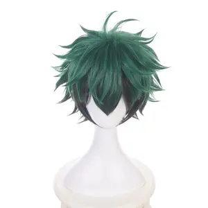 Anime Game Green Black Mix Wigs Women Short Straight Wig with Bangs Adult DekuFroppy COS Wig Halloween,Christmas,Carnivals,Party