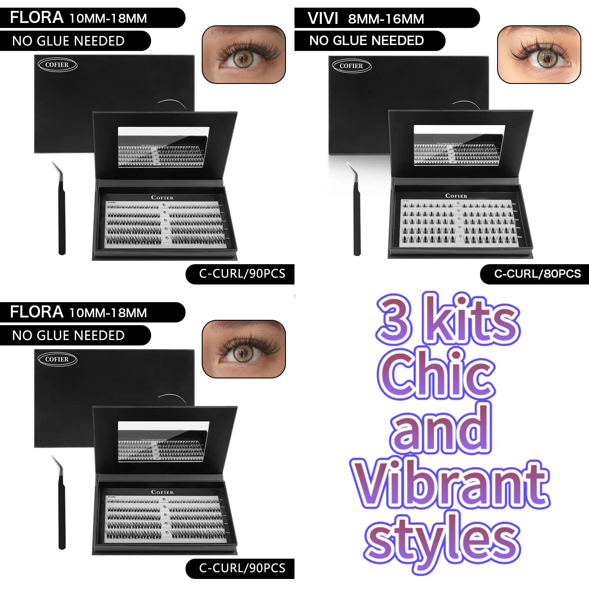 [Chic and vibrant styles] Cofier Self-Adhesive lashes Glue - Free DIY Lash Kit (flora/vivid/runa)  Comes with Tweezers! (80/100 Pcs) for a Quick and Natural Lash Makeover Individual Eyelashes Makeup Eyelashes