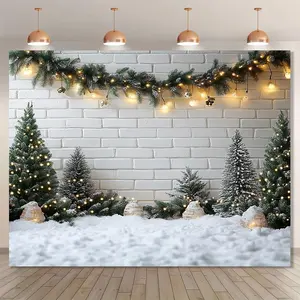 1pc Winter Snowy Landscape Christmas Backdrop with Twinkling Fairy Lights-Effect - Self-Lit Snow-Covered Trees & Snowmen Design, Durable Polyester Fabric Door-Wall-Yard Decoration for Indoor