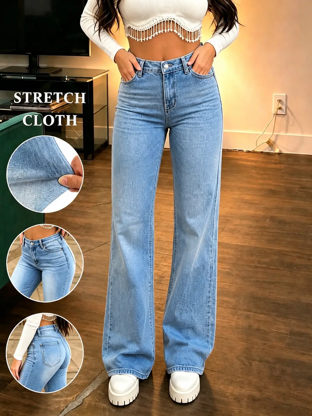Womens High Waisted Jeans Stretchy Straight Leg Loose Fit Tummy Control Denim Pants Trendy Fashion