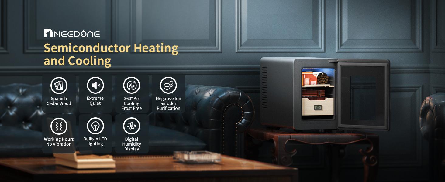 Humidor Electric 8L for Cigar with Heating & Cooling Control, Quiet Thermostatic Electric Cooler Cabinet for 80 Counts with Spanish Cedar Wood Shelves & Drawer with Hygrometer, Gift for Men