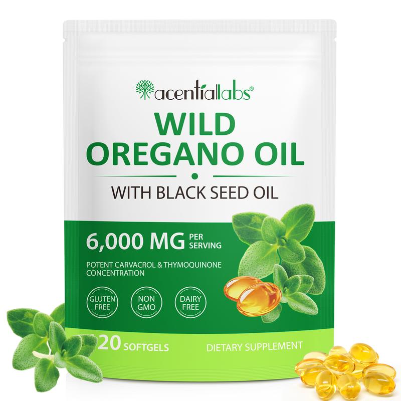 Acentialabs Wild Oregano Oil Softgels 6000mg 120 Count with Black Seed Oil 200mg High Carvacrol Thymoquinone for Immune Support Non GMO Gluten Free