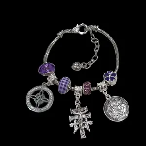 Morada triple protection bracelet, nudo de bruja. cruz de caravaca, medalla de San Benito