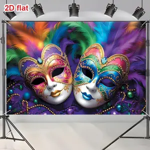 2D flat banner 1pc, Carnival Party decoration banner photography background, polyester, masquerade party background, bright mask pattern ball decoration, photo booth banner prop banner decoration 149