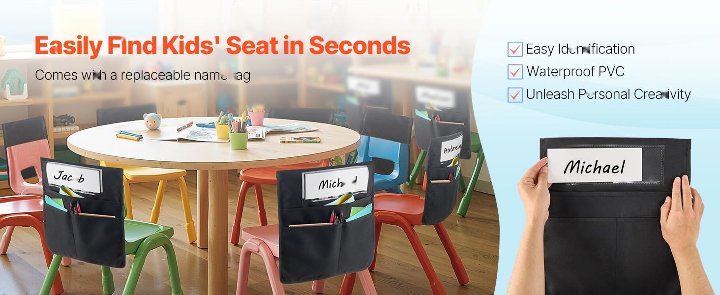 Chair Pockets For Classroom, 12 Pack Seat Pockets With Name Tag, Black Durable Nylon Fabric, Sturdy Chair Storage Organizer For Student Desks, Easy Labeling Of Names, Classroom Organization And School Supplies