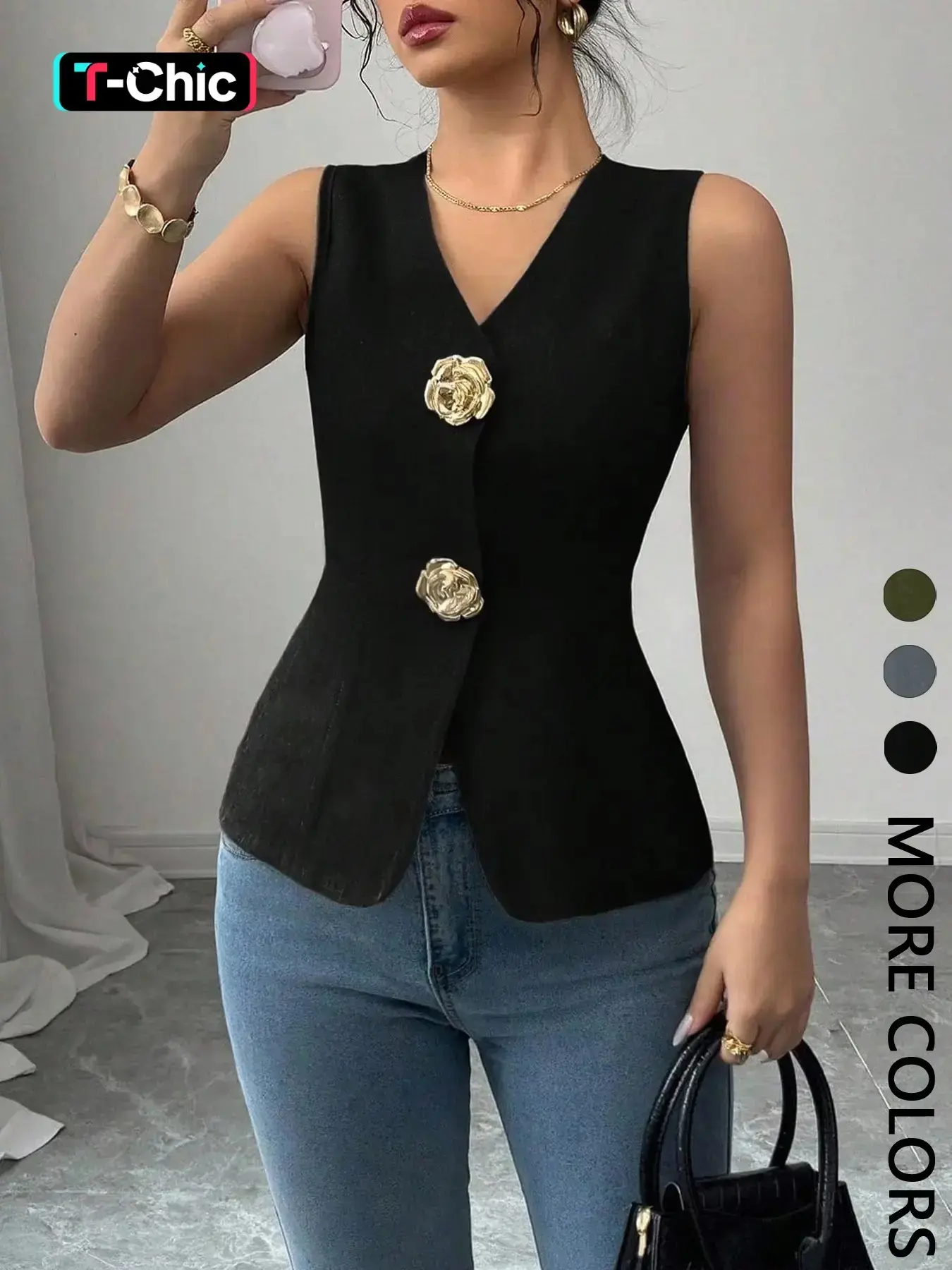Flower Button Vest Top Gilet, Plain Waistcoat, Aesthetic Elegant Office Chic Sleeveless Fitted Waist Blouse for Women, Womenswear