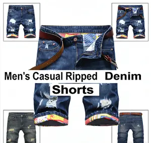 Men's Ripped Distressed Denim Shorts, Moto Biker Jeans Shorts with Broken Hole For Men