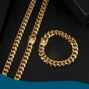 10mm Men's 18K Gold Miami Cuban Link Chain with Design Buckle, Stainless Steel Necklace or Bracelets 7.5''-30", No Fade Hip Hop Rapper Style Jewelry