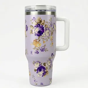 Mother's Day Gift - 30oz Rose & Butterfly Pattern Insulated Tumbler with Handle & Straw, Stainless Steel Vacuum Cup for Mom, Wife, Grandma