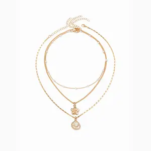 Cider FLORAL & SHELL & FAUX PEARL LAYERED NECKLACE