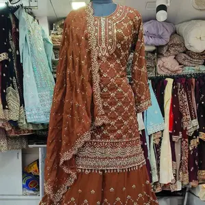 Elegant Traditional Palazzo Suit with Heavy Zari Stone & Beadwork Faux Georgette 3pcs Set for Special Occasions Womenswear Elegance Soft Material Perfect for Weddings - Dress