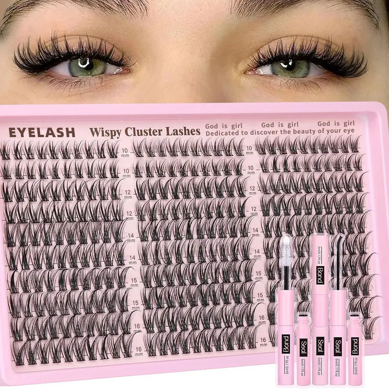 300pcs Waterproof Cluster Lashes Kit - 10-16mm C/D Curl Dramatic Fluffy Lash, Long Lasting Fluffy Volume Eyelashes, DIY Cosmetic Eyelash Extensions Makeup Tool for Back to School Soho Chic