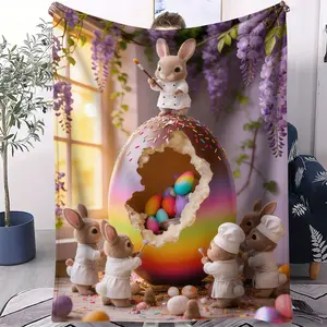 Easter Bunny and Easter Egg Themed Blanket, Suitable for Use All Year Round, Suitable for Beds, Sofas, Cars, and Room Decoration. It Is a Thoughtful Gift for Easter, Spring Parties, and Family Gatherings. a Single-Sided Printed Blanket