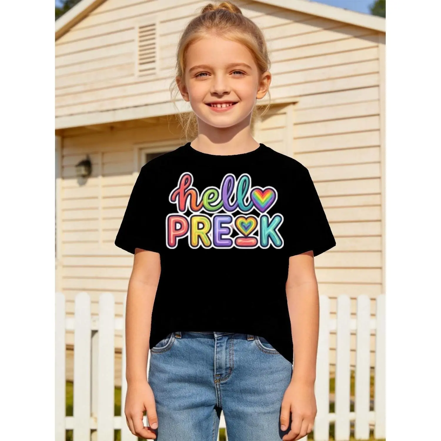 Rainbow Hello Prek Cotton T-shirt for Back to School Floral Graphic Cartoon Daily School Wear Weekend Play Clothes Summer Camp Essentials