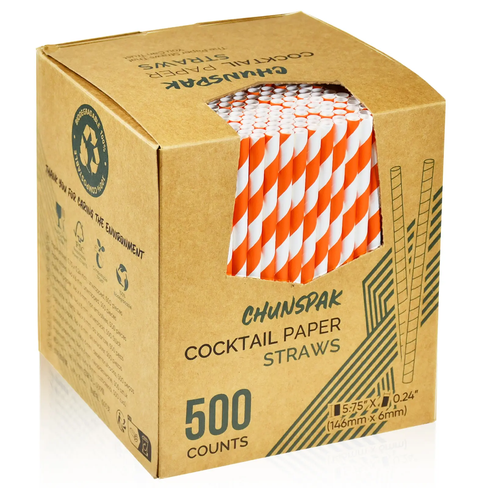5.75 inch Orange Paper Cocktail Straws, Short Disposable Drinking Straws 500 Counts, Unwrapped - Compostable