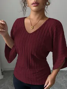 Women Knit Top, Knitwear, Womenswear, Burgundy Solid V Neck Ribbed Batwing Sleeve Loose Casual Office Workwear Fall & Spring