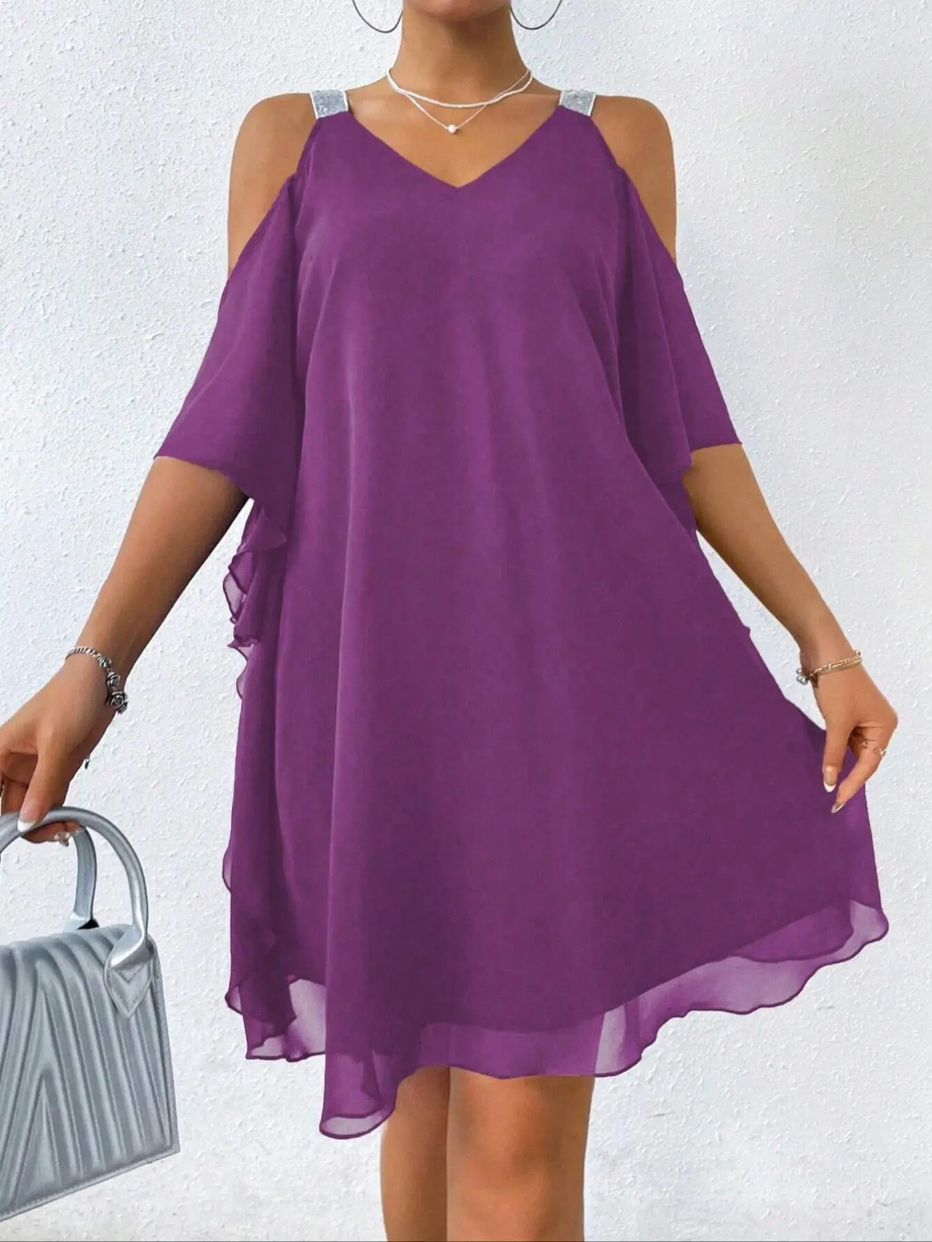 Women's Spring Summer V Neck Puff Sleeve Sequin Chiffon Dress, Feminine Formal Chic Fashion Party Gown, Casual Daily Wear, All Seasons