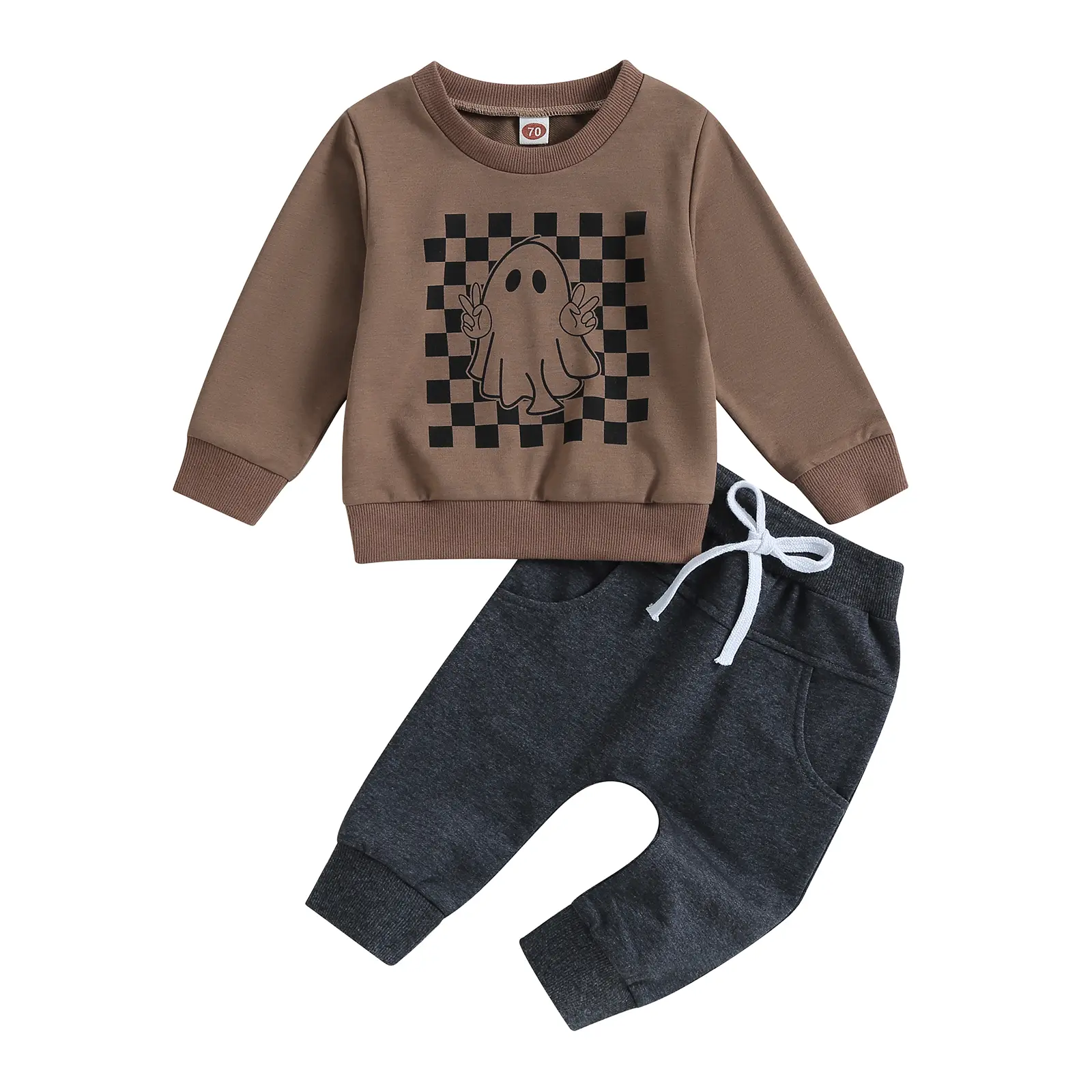 Toddler Boys' Fall Clothing Set, 2-Piece Halloween Toddler Style Cotton Sweatshirt and Pants with Checkerboard Ghost Print