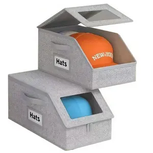 Foldable Baseball Cap Organizer 2-Pack – Stackable Hat Box with Clear Window, Dust-Proof & Space-Saving Closet Storage for Baseball Caps, Toys, Socks(Grey)
