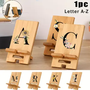 1pc Bamboo Phone Stand With Initials Daisy Flower A-Z, Adjustable Multi-Angle, Bamboo Base Phone Charging Stand, Multi-Functional Phone And Tablet Stand, Phone Holder Design, For Home And Office Use, Perfect For Travel