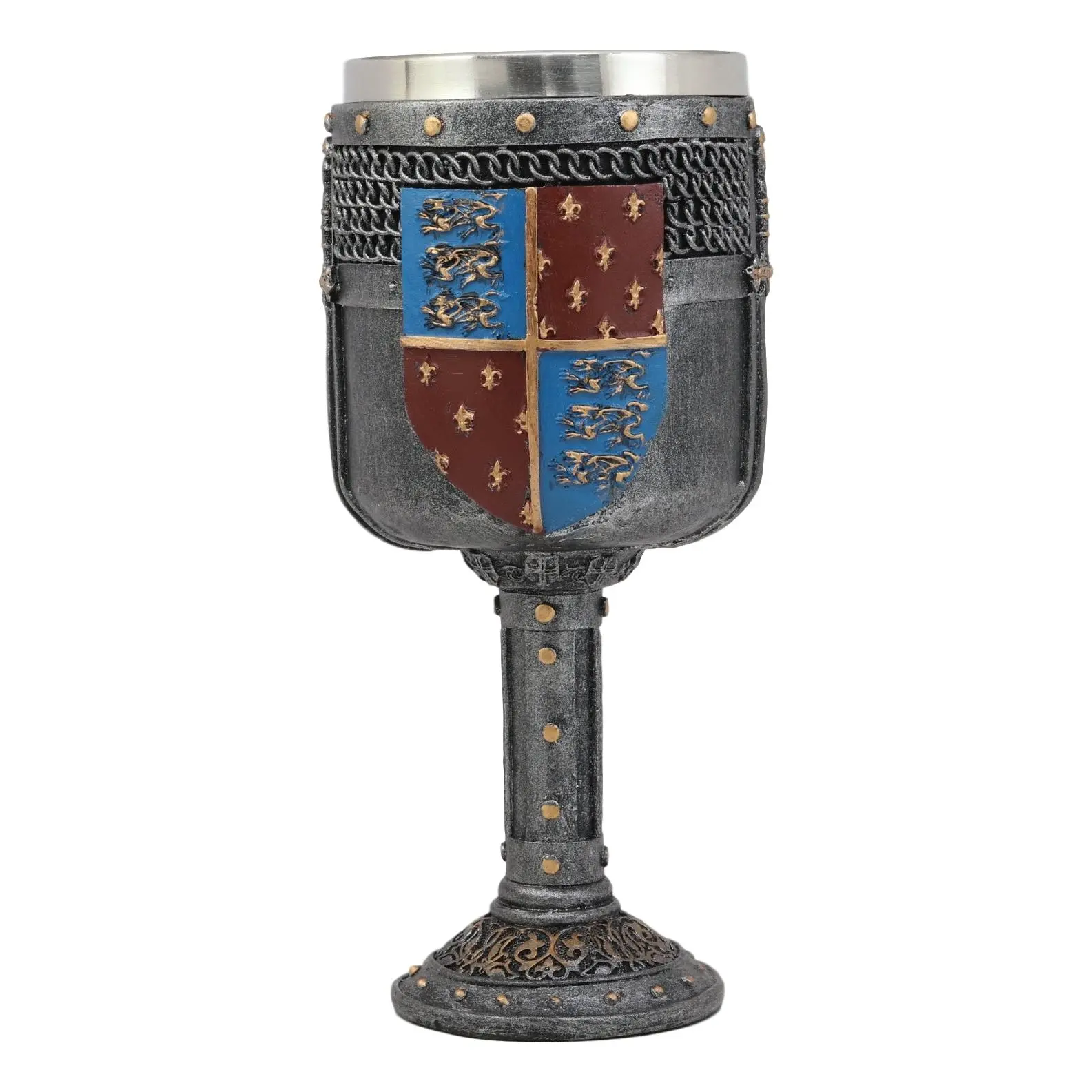 12oz Sturdy Polyresin-Steel Medieval Wine Goblet - Glossy, Hand Painted, Polished Individually, Heraldry Coat Of Arms, Fleur De Lis, 3 Lions, Swords Design - Kitchenware Drinkware for Medieval Enthusiasts, Wine Ceremony (Clean with Warm Cloth)