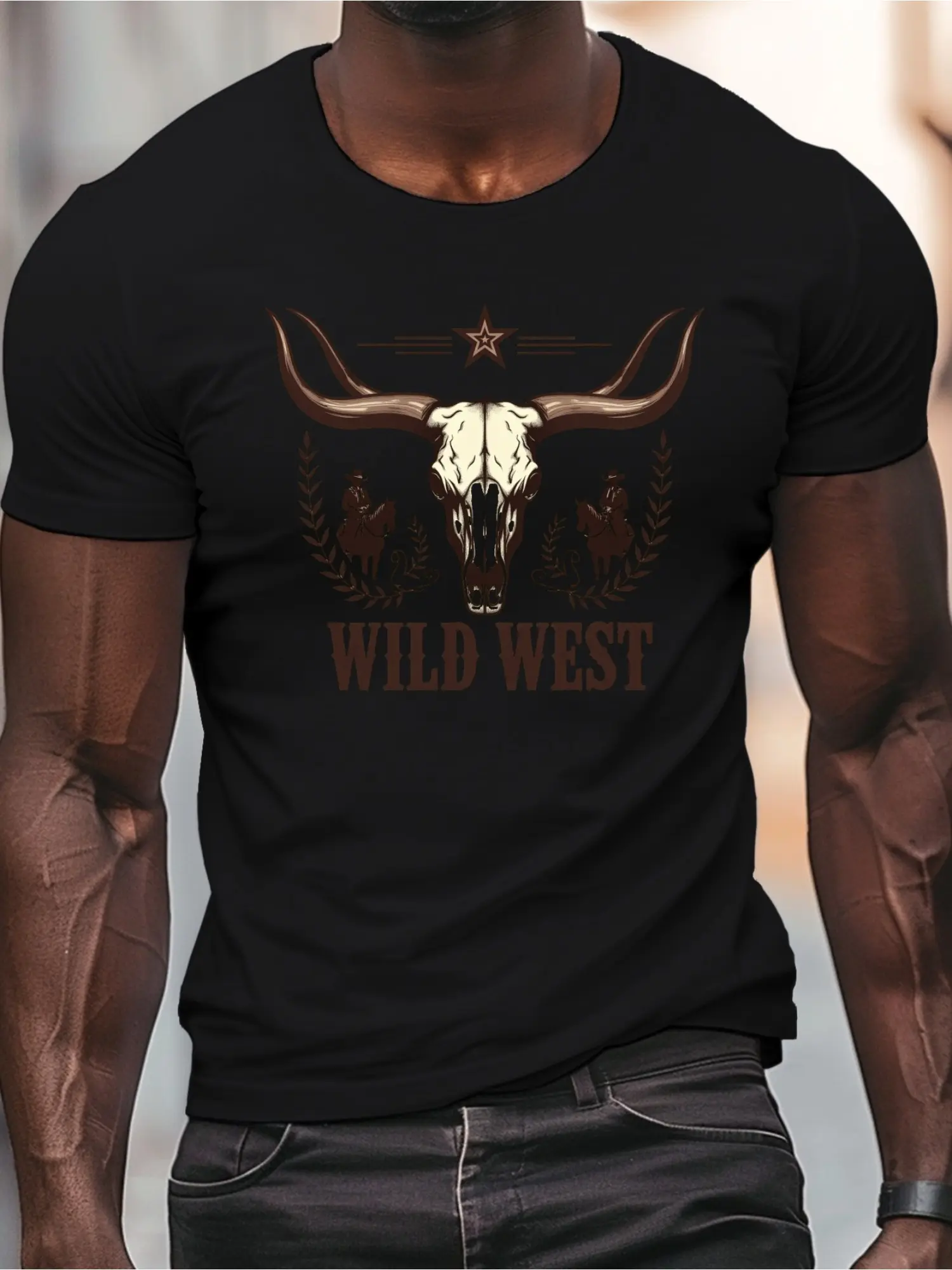 Men's Wild West Bull Skull Cowboy T-Shirt -  Cotton Western Graphic Tee with Bull Skull & Cowboy Hat Design, Double-Needle Stitched Preshrunk Shirt, All-Season Casual Wear (S-XXXL) - Cowboy Style Gift for Men