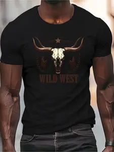Men's Wild West Bull Skull Cowboy T-Shirt - 100% Cotton Western Graphic Tee with Bull Skull & Cowboy Hat Design, Double-Needle Stitched Preshrunk Shirt, All-Season Casual Wear (S-XXXL) - Cowboy Style Gift for Men