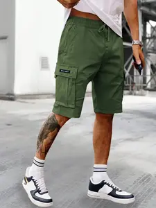 Men's Olive Green Cargo Plain Shorts - Elastic Waist with Drawstring, Lightweight Quick-Drying Fabric, Relaxed Fit with Functional Side Pockets, Ideal for Outdoor Hiking, Casual Lounging & Everyday Wear