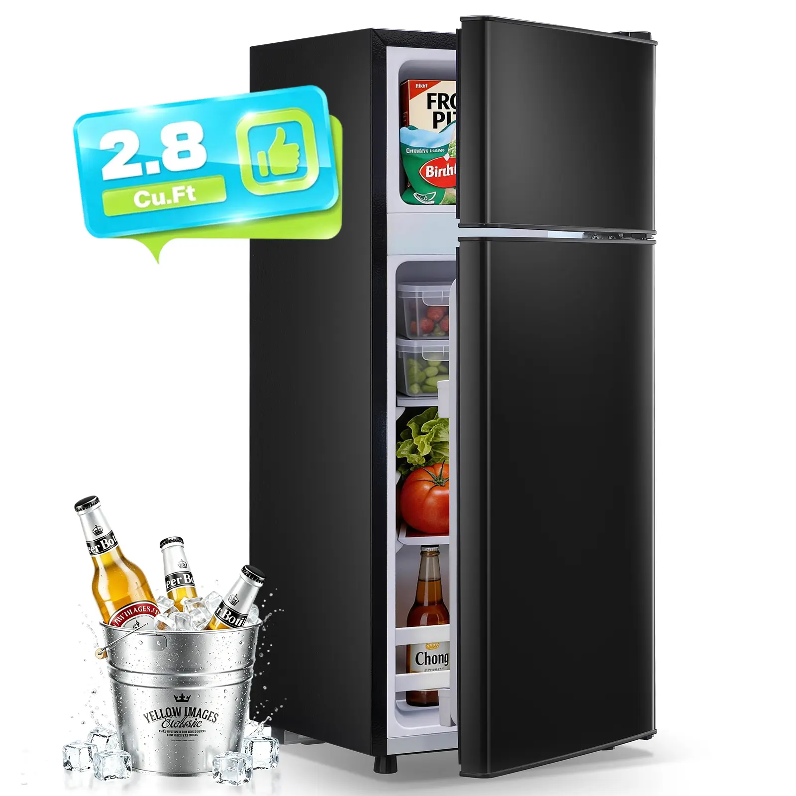 WANAI 2.8 Cu.ft 2-Door Compact Refrigerator with Freezer, 110V Plug Dorm & Bedroom Personal Fridge with Freezing Zone for Office Use
