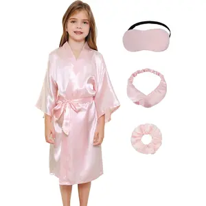 Girls Kids Silky Satin Robe Set for Spa Birthday Wedding Party Flower Girl Robe with Sleeping Mask Hair Band/Ring
