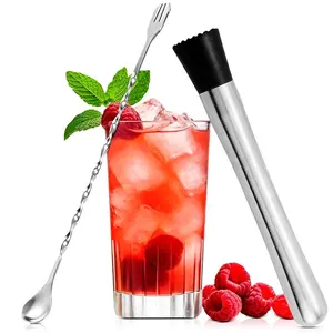 Stainless Steel Stir Spoon Muddler for Cocktails Set - Muddler Old Fashioned Cocktail Kit Ice Crusher Bar Spoon Cocktail Mixing Spoon - Fruit Crusher Mojito Mix Cocktail Shaker Coffee Bar Accessories