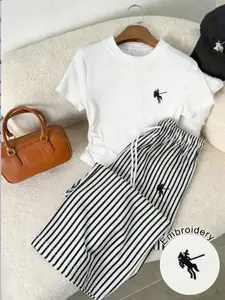 European and American Style Simple Knight Embroidery Short Sleeve T-Shirt + and Striped Wide Leg Shorts Set, Casual Daily Wear