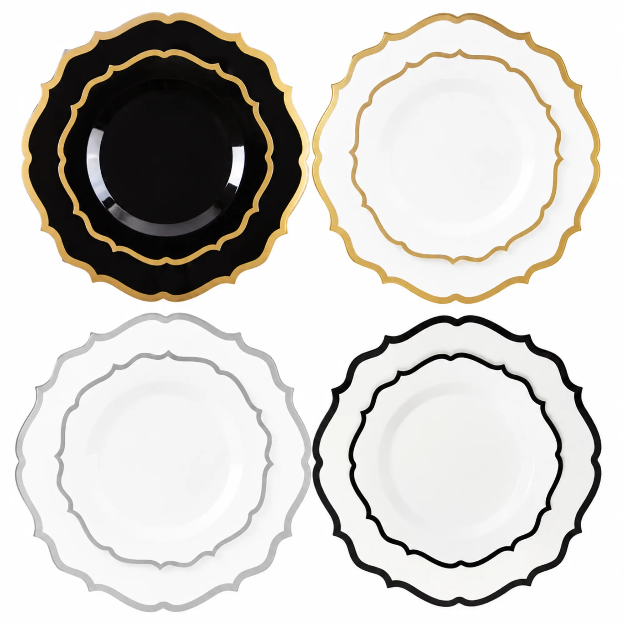 VeZee Lightweight Reusable Plastic Plates Combo Pack (32 Pieces) - 10in Main Course, 7in Scalloped-Edge Salad/Dessert Plates, Elegant Dinnerware for Holiday Parties, Everyday Dining, Reusable Plates