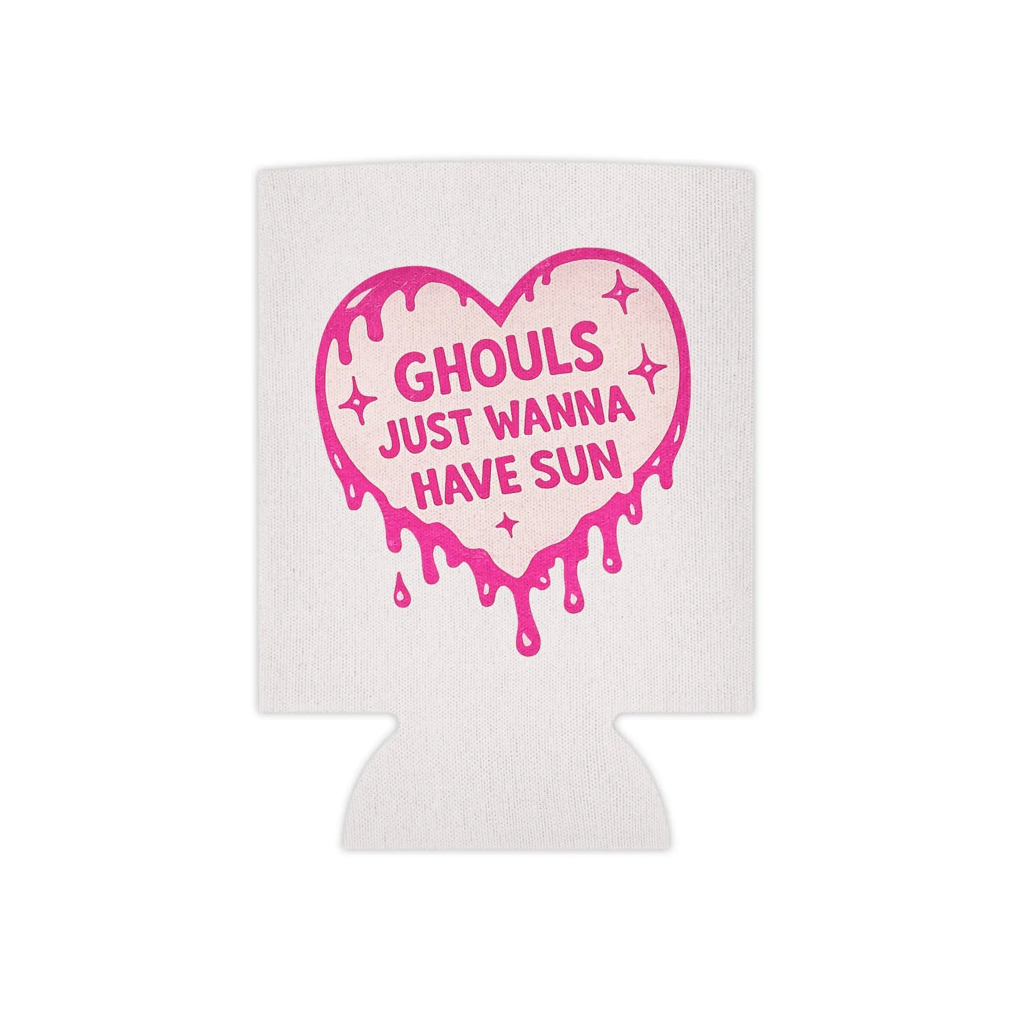Ghouls Just Wanna Have Sun Can Cooler — Pink Drippy Heart Beverage Koozie