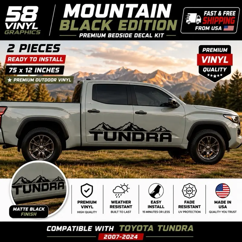 Toyota Tundra Emblem Decal - Big Letter Mountain Black Design, 2-Piece (75x12 in) Durable Car Sticker with Double-Sided Tape, Easy to Install, Fits Cars Trucks