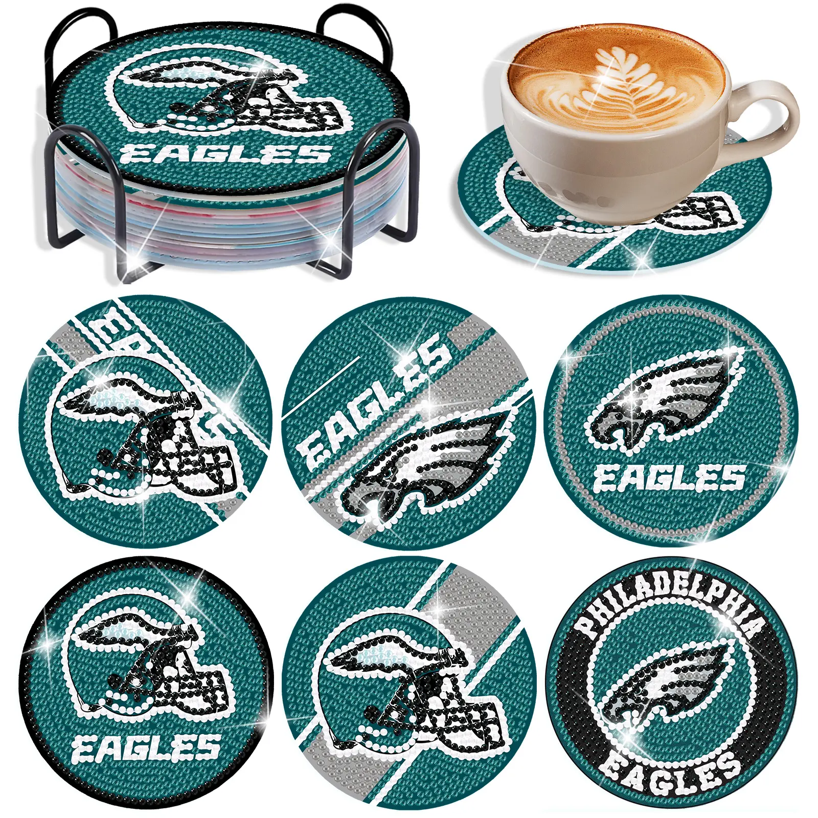 6-piece 5D Diamond Art Kit, DIY Rugby Team Diamond Painting Coasters, with tool kit, cork mat, and storage rack. Suitable for adult craft enthusiasts.