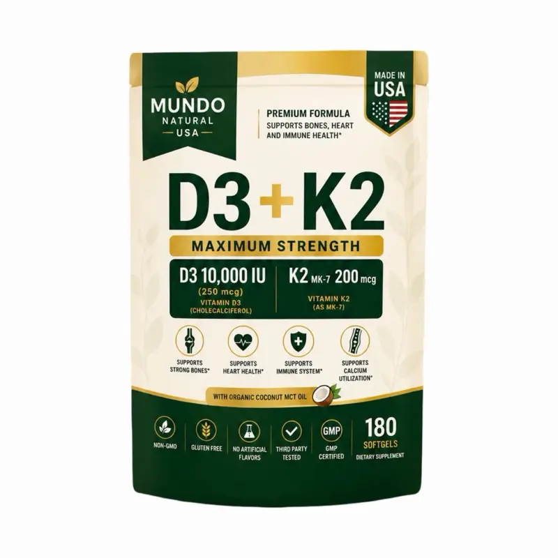 D3 + K2 Maximum Strength 10,000 IU + 200 mcg | 180 Softgels | Mundo Natural  USA