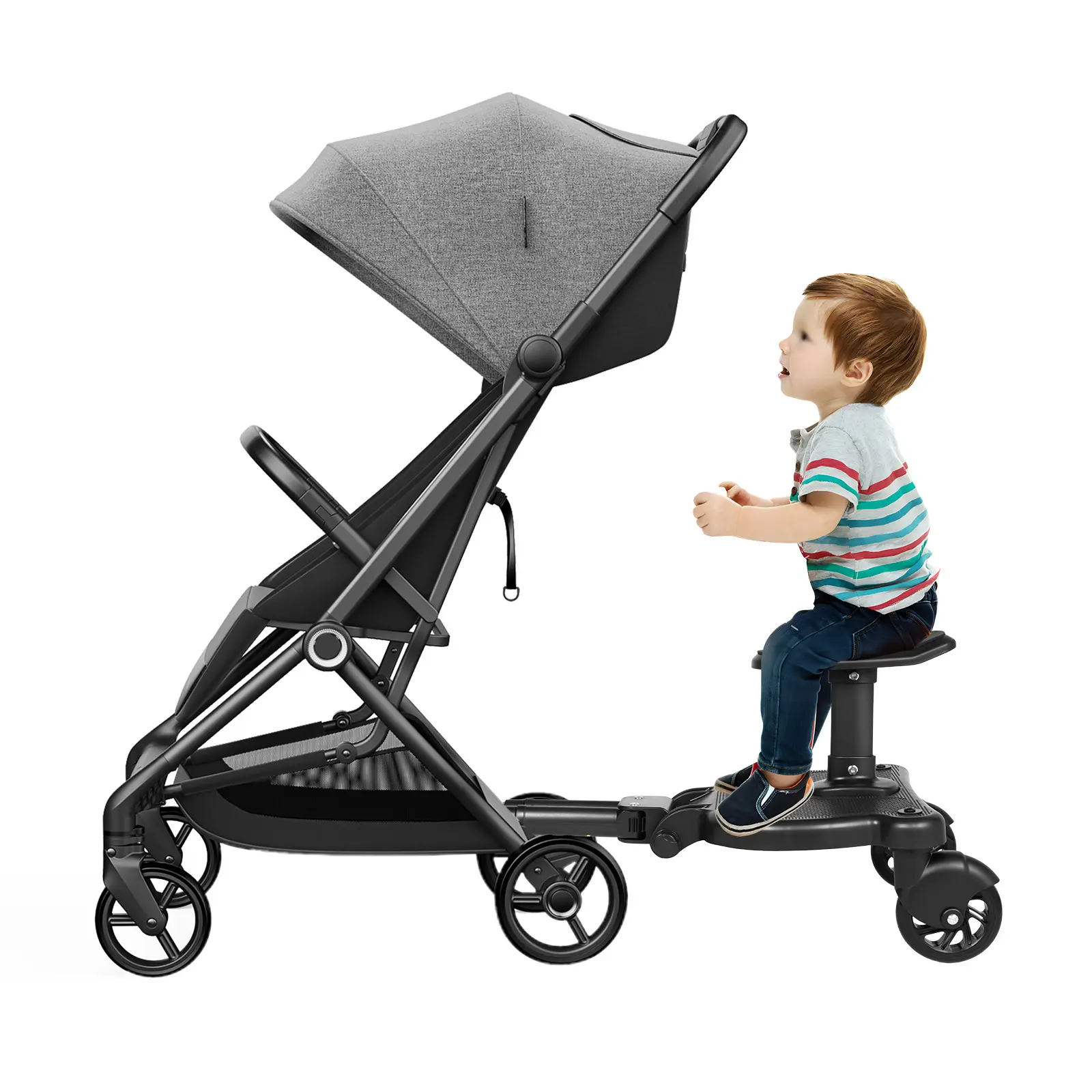 CNCEST Unisex Multi-Functional Stroller Connectors - Sturdy Flexible Travel Stroller Step Board, Adjustable Height, Adjustable Length, Seat, 3-7 Years, 25kg Load Capacity, Black PP/PU/EVA for Kids' Outdoor Ride-On Play,familyfun