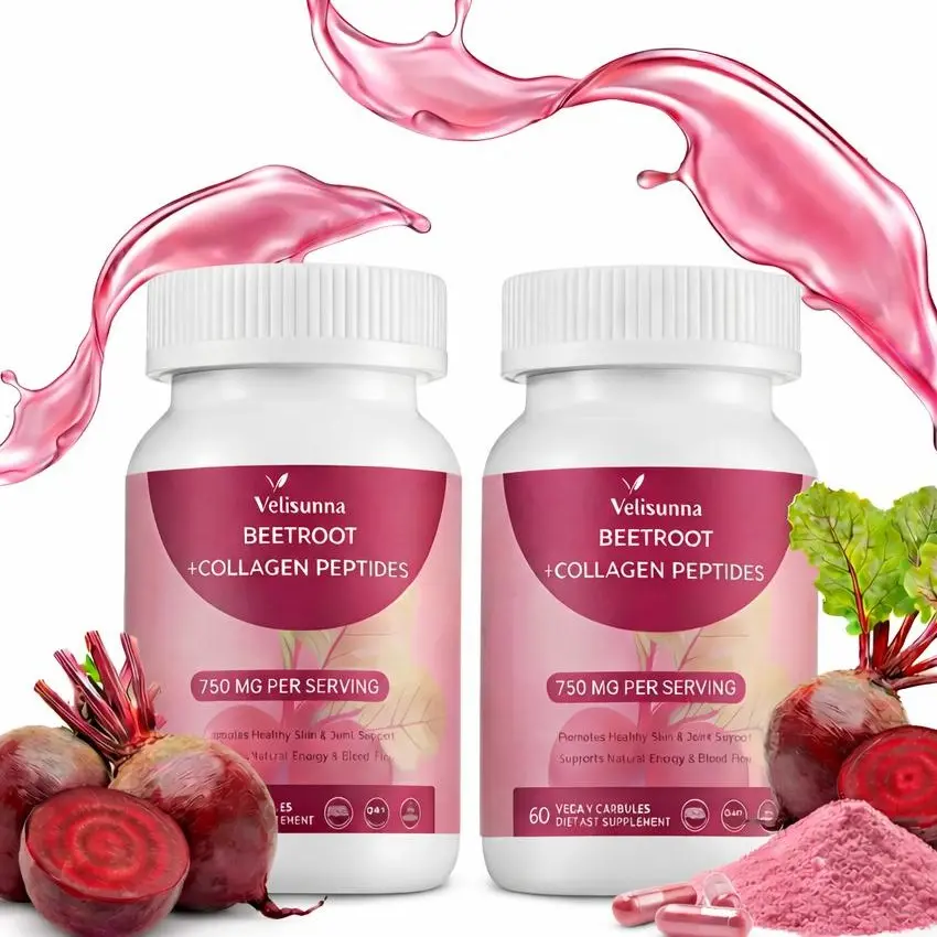 Velisunna 750mg Beetroot + Collagen Peptides Capsules | Circulation Support, Healthy Skin & Joint Support | Daily Energy Support | Non-GMO | 60 Capsules (30-Day Supply) | For Men & Women