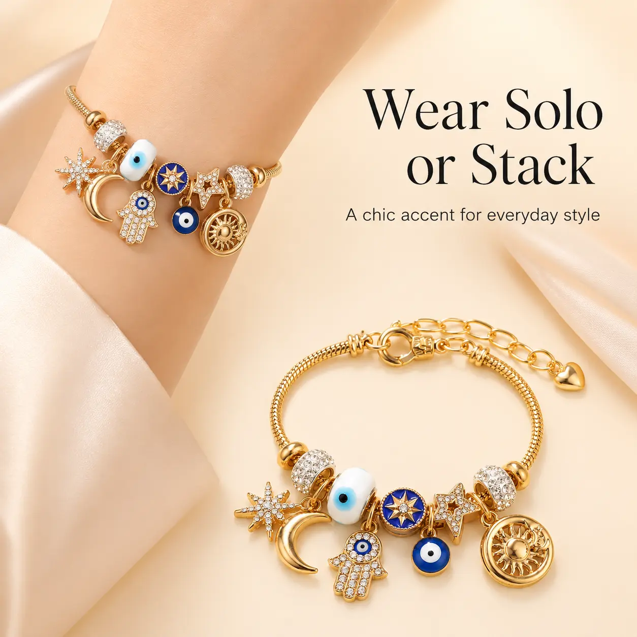 Celestial Charm Bracelet for Women | Moon, Hamsa Hand, Evil Eye & Tree of Life Charms | Gold Adjustable Chain | Fashion Jewelry Gift - MM2