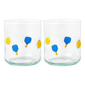 Khen Set of 2 Pickleball Paddle Icon Juice Glass Athletic Sports Cup 14.8oz Clear Stemless Cocktail Tumbler Leisure Game Night Barware Outdoor Indoor Party Recreation Gift for Player Enthusiast