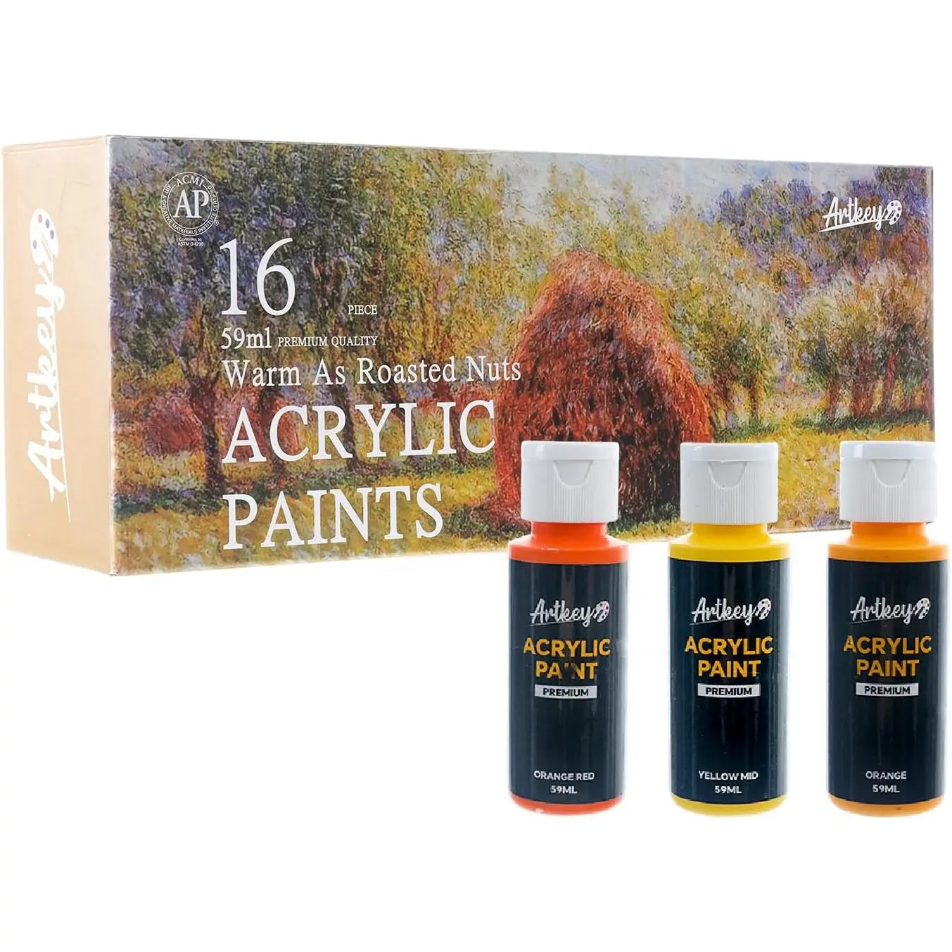Artkey Acrylic Paint Set, 16 Colors 2 oz/59 ml Acrylic Paint Kit for Professional Artists & Beginners – Fall Warm Art & Craft Supplies for Canvas, Wood, Fabric, Rock, Leather, Ceramic, Glass