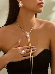 3-Piece Set Long Y-Shape French Vintage Imitated Pearl Elegant Snake Skin Chain Necklace, Perfect for Daily Wear & Holiday Gifts