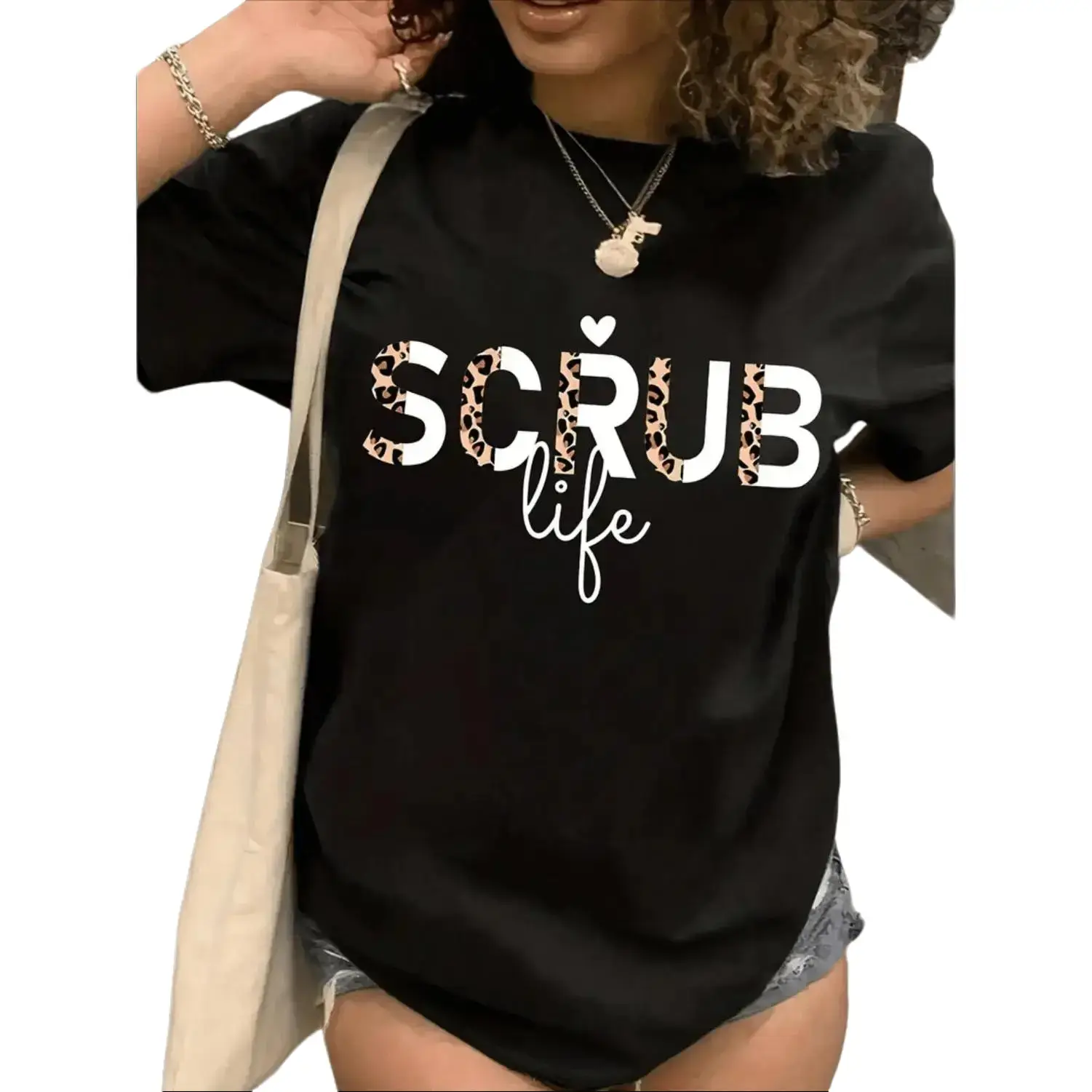 Women's Plus-Size T-Shirt with "Scrub Life" Graphic, Durable Short-Sleeve Polyester Workwear for Nurses, Sweat-Wicking & Wrinkle-Free, Shortsleeve, Tshirt