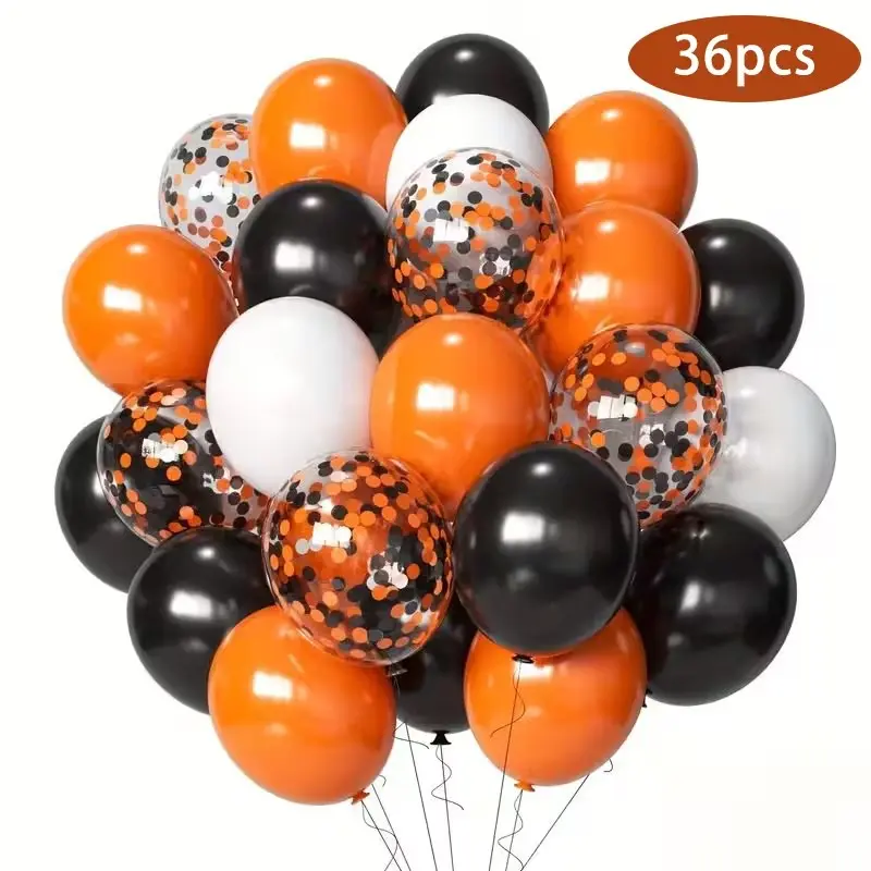 A Set of 36 Halloween Balloons in Black, White, And Orange, Featuring Glittery Black And Orange Latex Balloons. Perfect for Halloween Celebrations, Photo Shoots, Party Decorations, Venue Styling, Anniversary Events, And Gatherings with