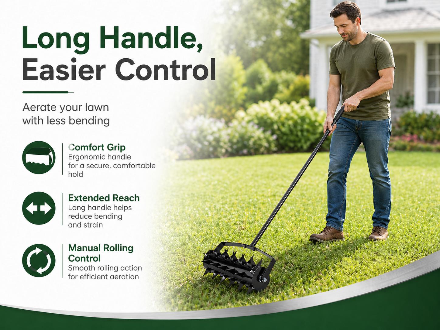 Rolling Lawn Aerator with 2 Inch Steel Spikes Heavy Duty Manual Aerator Tool Lawn Spike Aerator Roller with 56 Inch Handle Soil Penetrator Push Lawn Aeration for Garden Yard Patio, Black