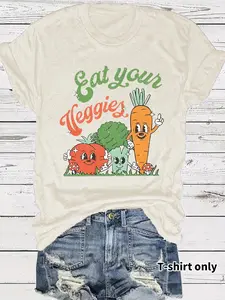 Women's Carrot Graphic Print Round Neck Tee, Fashion Casual Short Sleeve T-shirt, Ladies Summer Clothes for Daily Wear, Top