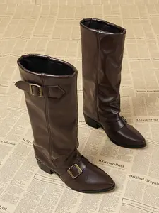 Women's Mid-Calf Boots, Solid Color, Comfortable High Heels, Durable Rubber Sole, Perfect for Casual Wear